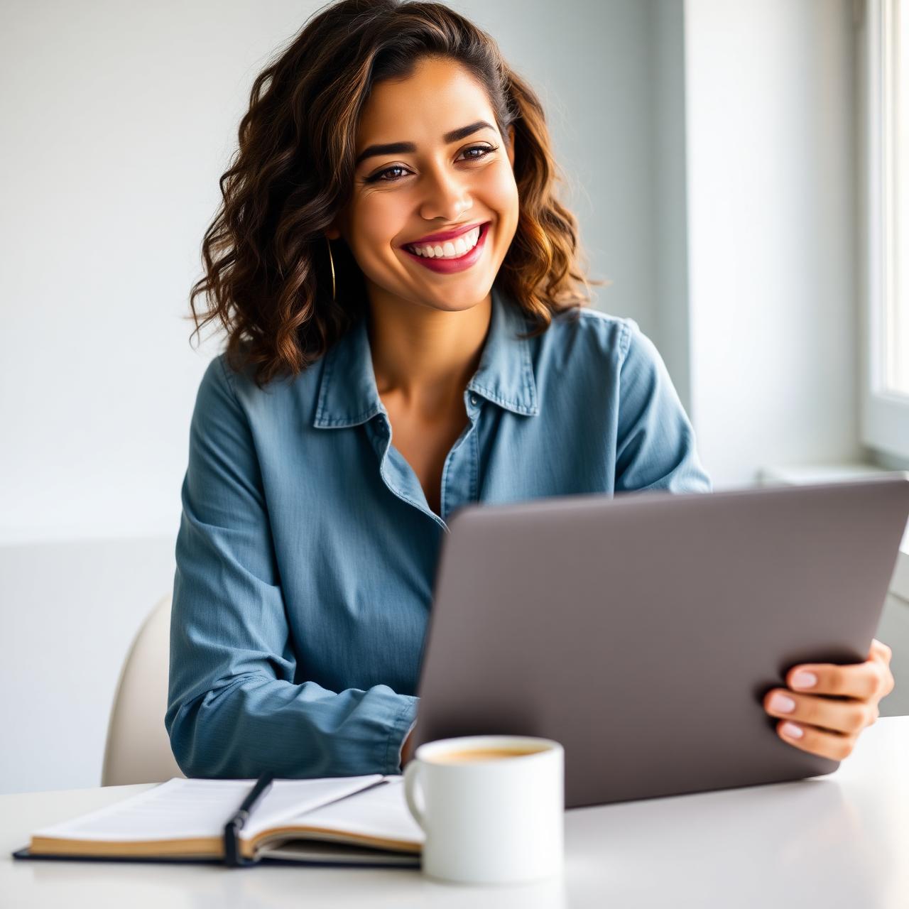 Estudante feliz assistindo aula EAD pelo notebook em casa